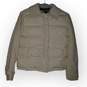 Tommy Hilfiger cream down puffer jacket with knitted sleeves front zip size medi
